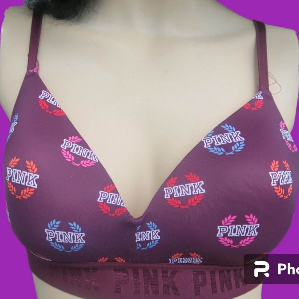 PINK Victoria's Secret vine with "pink" all over wear everywhere bra in purple.